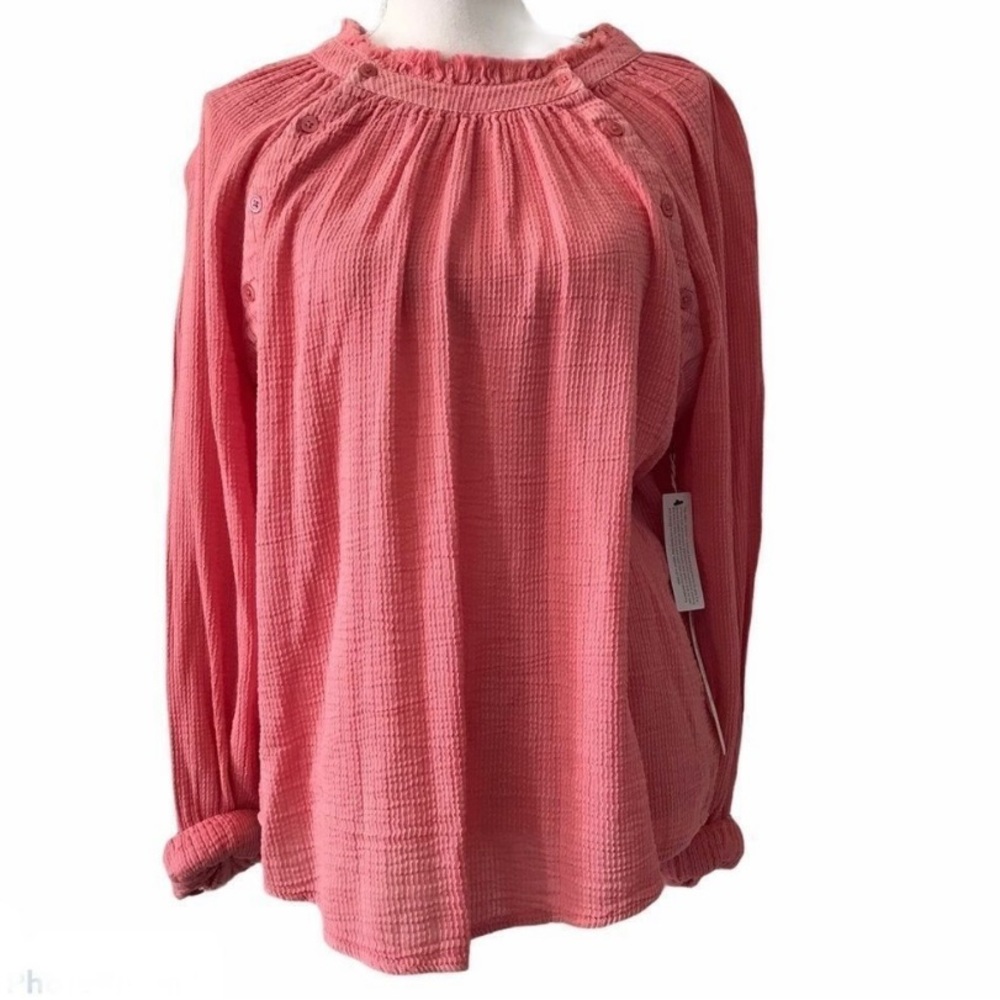 Caslon Split Neck Blouse Coral Pink Red Size M